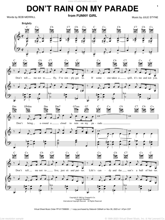 Don't Rain On My Parade sheet music for voice, piano or guitar by Bob Merrill, Barbra Streisand and Jule Styne, intermediate skill level