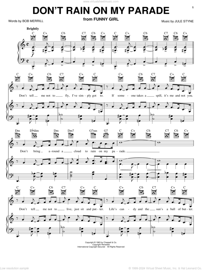 Don't Rain On My Parade sheet music for voice, piano or guitar by Bob Merrill, Barbra Streisand and Jule Styne, intermediate skill level