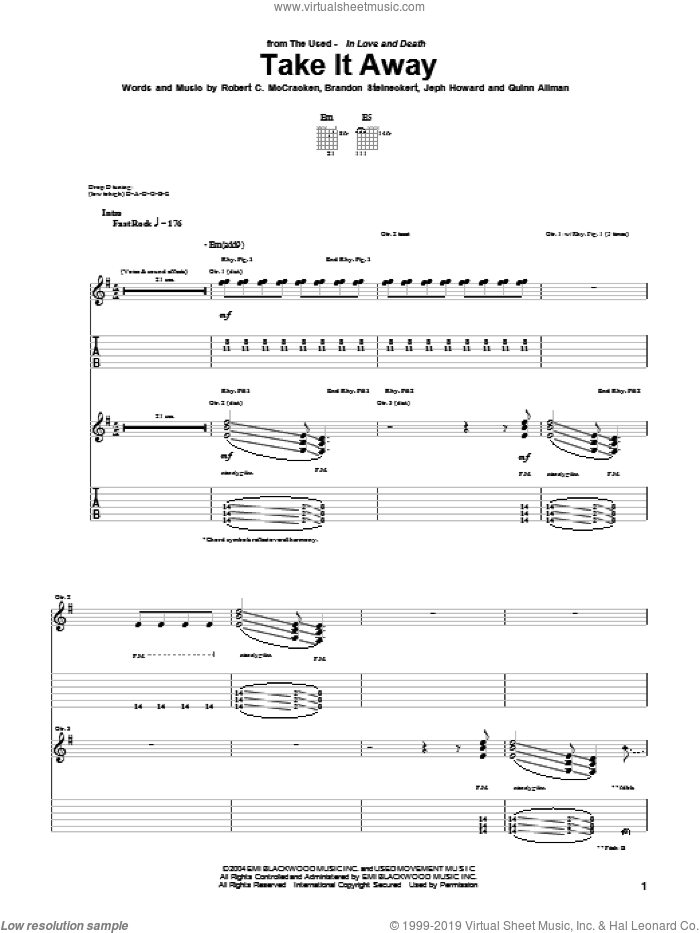 Take It Away sheet music for guitar (tablature) by The Used, Brandon Steineckert, Jeph Howard, Quinn Allman and Robert C. McCracken, intermediate skill level