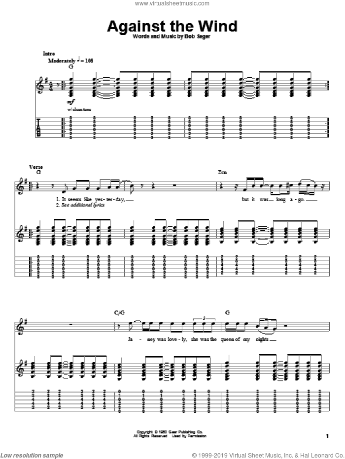 Against The Wind sheet music for guitar (tablature, play-along) by Bob Seger and Bob Seger & The Silver Bullet Band, intermediate skill level