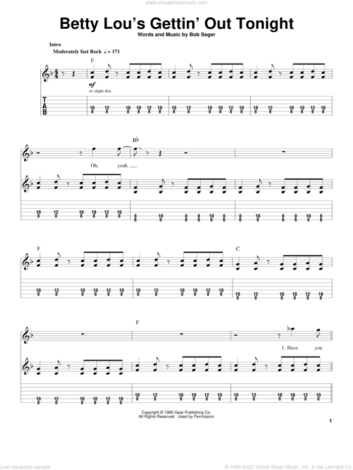Betty Lou's Gettin' Out Tonight sheet music for guitar (tablature, play-along) by Bob Seger, intermediate skill level