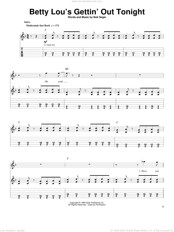 Betty Lou's Gettin' Out Tonight sheet music for guitar (tablature, play-along) by Bob Seger, intermediate skill level