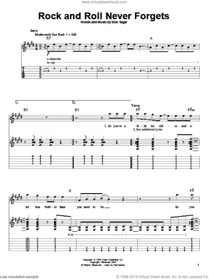 Rock And Roll Never Forgets sheet music for guitar (tablature, play-along) by Bob Seger, intermediate skill level