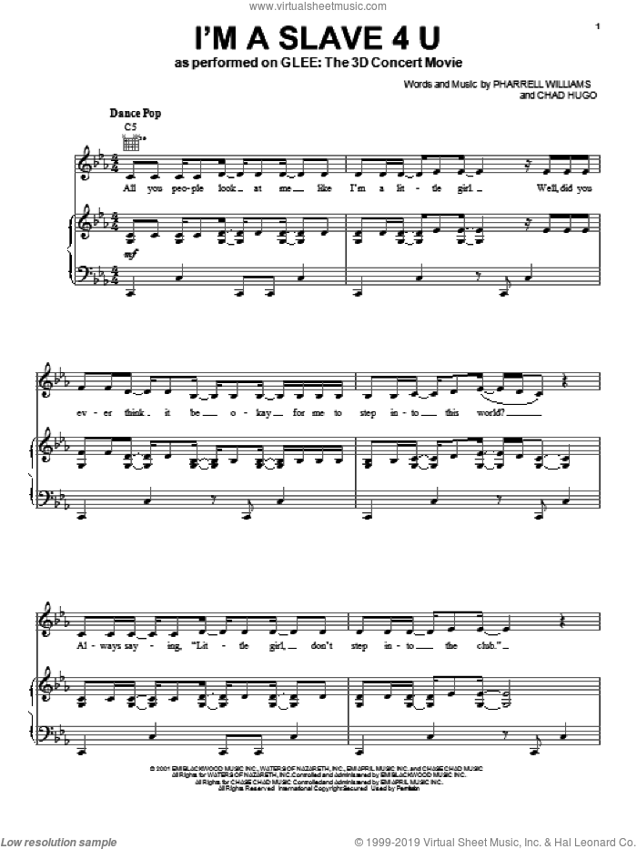 I'm A Slave 4 U sheet music for voice, piano or guitar by Glee Cast, Britney Spears, Chad Hugo, Miscellaneous and Pharrell Williams, intermediate skill level