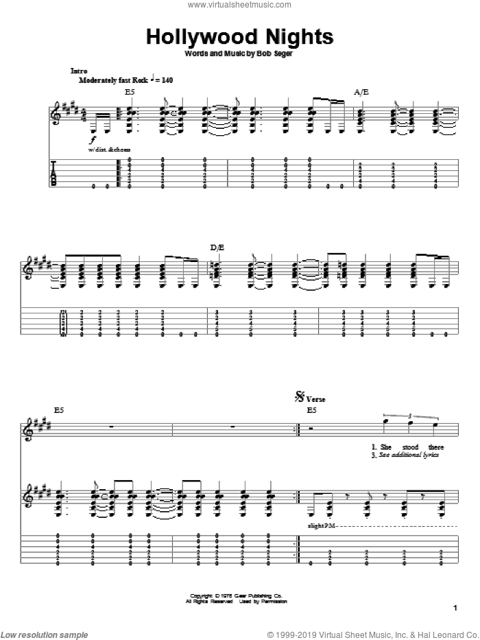 Hollywood Nights sheet music for guitar (tablature, play-along) by Bob Seger, intermediate skill level