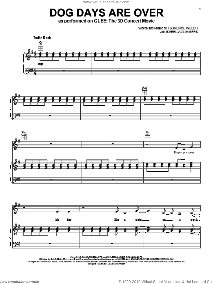 Dog Days Are Over sheet music for voice, piano or guitar by Glee Cast, Florence And The Machine, Florence Welch, Isabella Summers, Miscellaneous and Vicci Martinez, intermediate skill level