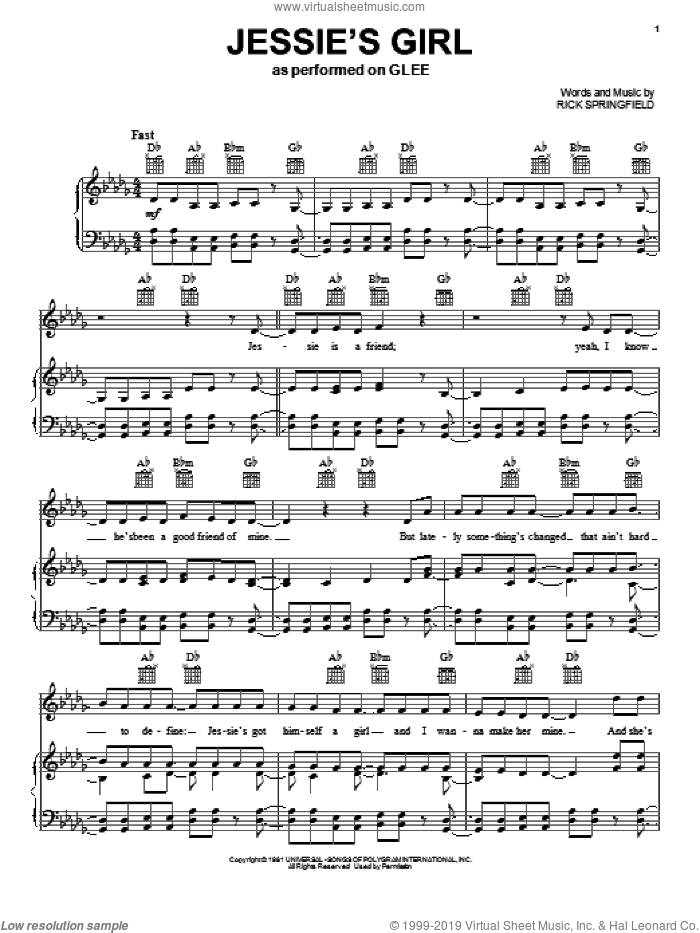 Jessie's Girl sheet music for voice, piano or guitar by Glee Cast, Miscellaneous and Rick Springfield, intermediate skill level