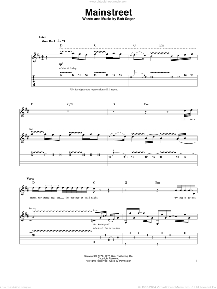 Mainstreet sheet music for guitar (tablature, play-along) by Bob Seger, intermediate skill level