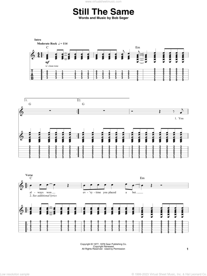 Still The Same sheet music for guitar (tablature, play-along) by Bob Seger, intermediate skill level