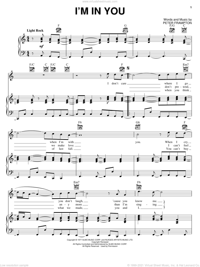 I'm In You sheet music for voice, piano or guitar by Peter Frampton, intermediate skill level