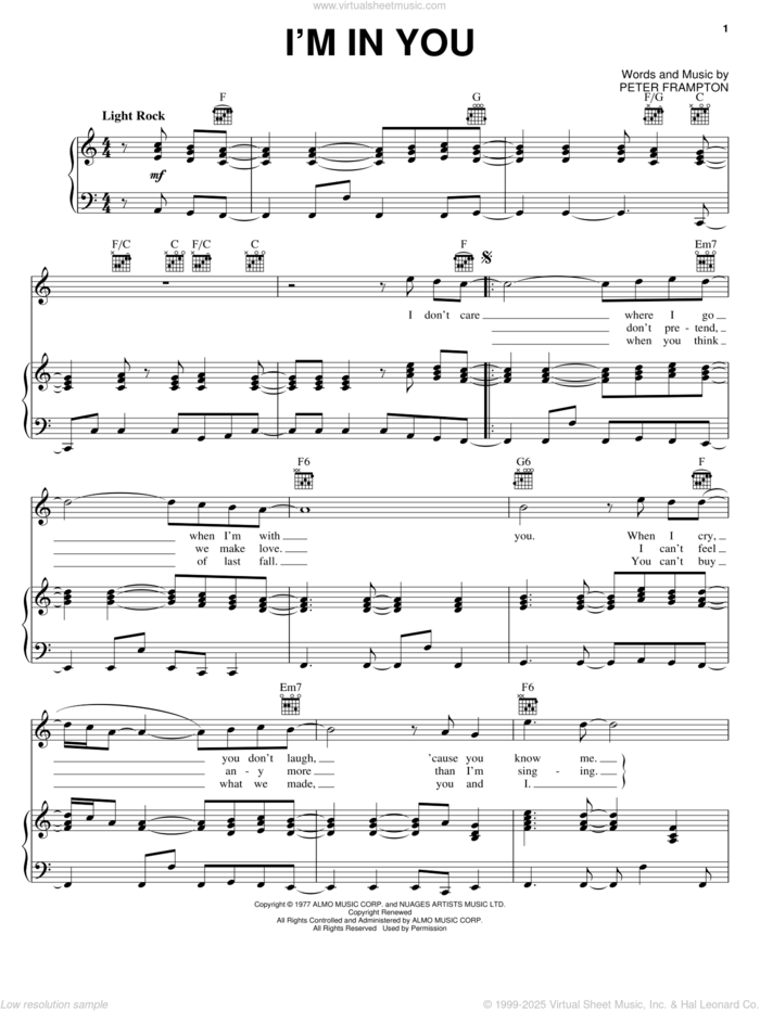 I'm In You sheet music for voice, piano or guitar by Peter Frampton, intermediate skill level