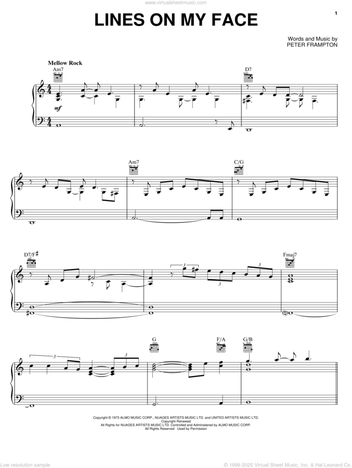 Lines On My Face sheet music for voice, piano or guitar by Peter Frampton, intermediate skill level