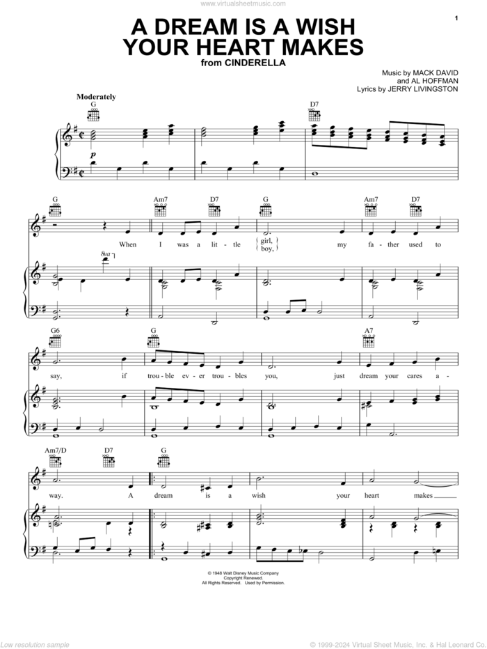 A Dream Is A Wish Your Heart Makes (from Cinderella) sheet music for voice, piano or guitar by Al Hoffman, Ilene Woods, Linda Ronstadt, Jerry Livingston and Mack David, wedding score, intermediate skill level