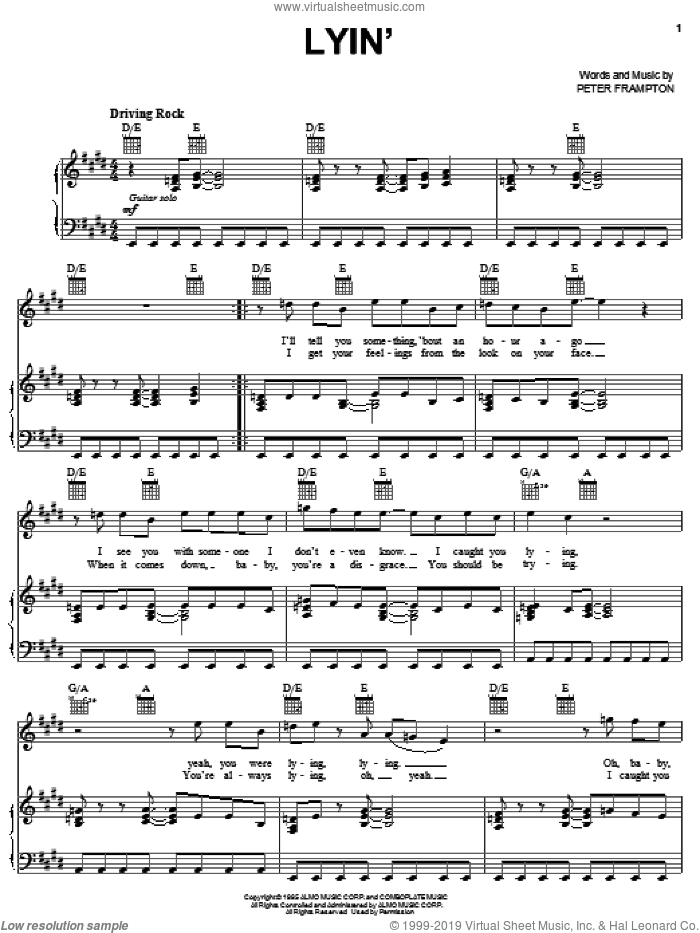 Lyin' sheet music for voice, piano or guitar by Peter Frampton, intermediate skill level