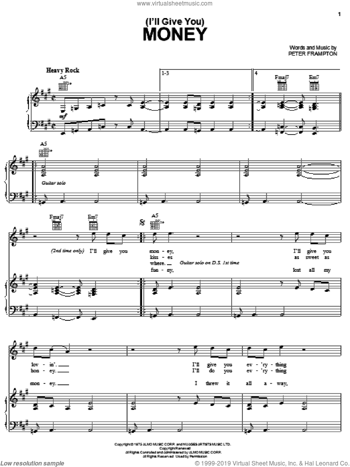 (I'll Give You) Money sheet music for voice, piano or guitar by Peter Frampton, intermediate skill level
