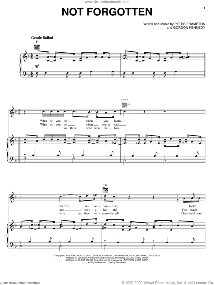 Not Forgotten sheet music for voice, piano or guitar by Peter Frampton and Gordon Kennedy, intermediate skill level