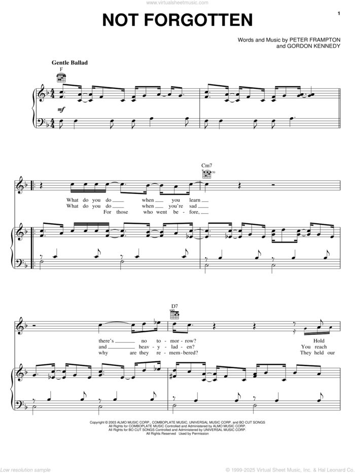 Not Forgotten sheet music for voice, piano or guitar by Peter Frampton and Gordon Kennedy, intermediate skill level