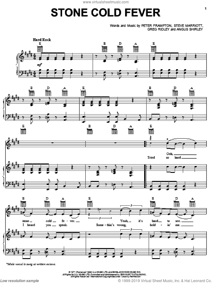 Stone Cold Fever sheet music for voice, piano or guitar by Peter Frampton, Angus Shirley, Greg Ridley and Steve Marriott, intermediate skill level