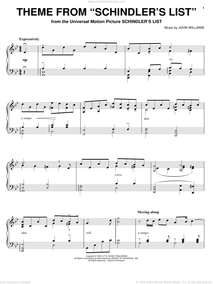 Theme from Schindler's List sheet music for piano solo by John Williams, intermediate skill level