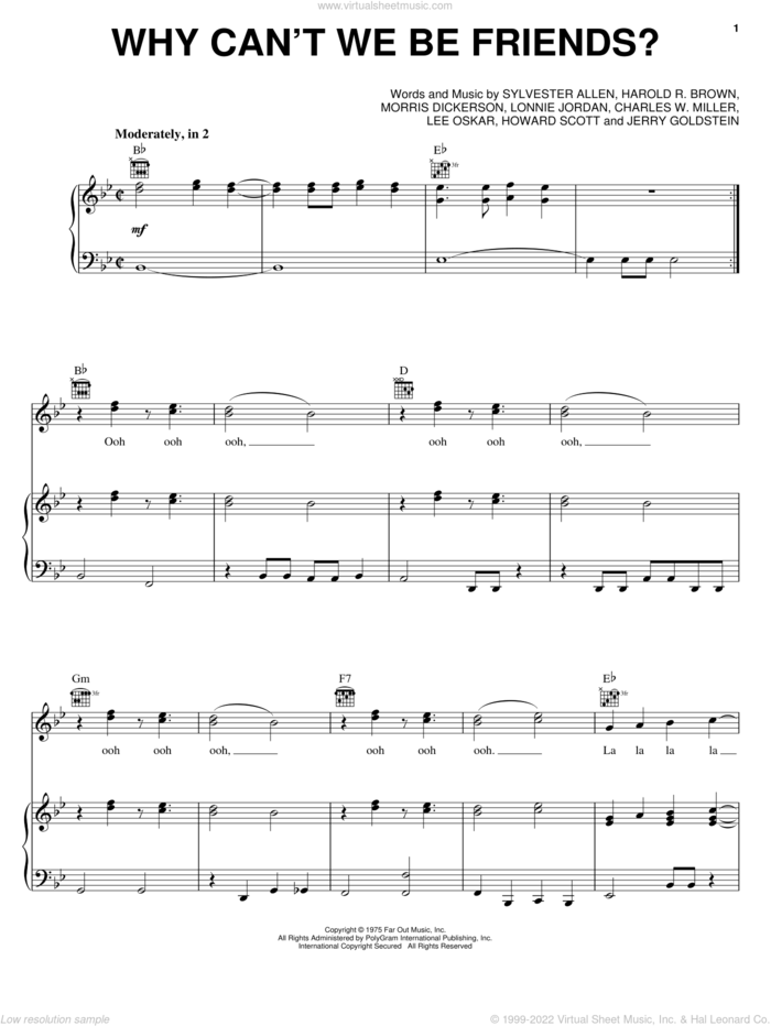 Why Can't We Be Friends sheet music for voice, piano or guitar by War, Smash Mouth, Charles W. Miller, Harold R. Brown, Howard Scott, Jerry Goldstein, Lee Oskar, Lonnie Jordan, Morris Dickerson and Sylvester Allen, intermediate skill level