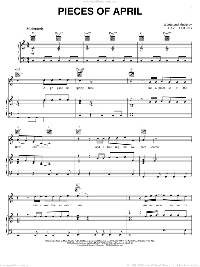 Pieces Of April sheet music for voice, piano or guitar by Three Dog Night and Dave Loggins, intermediate skill level