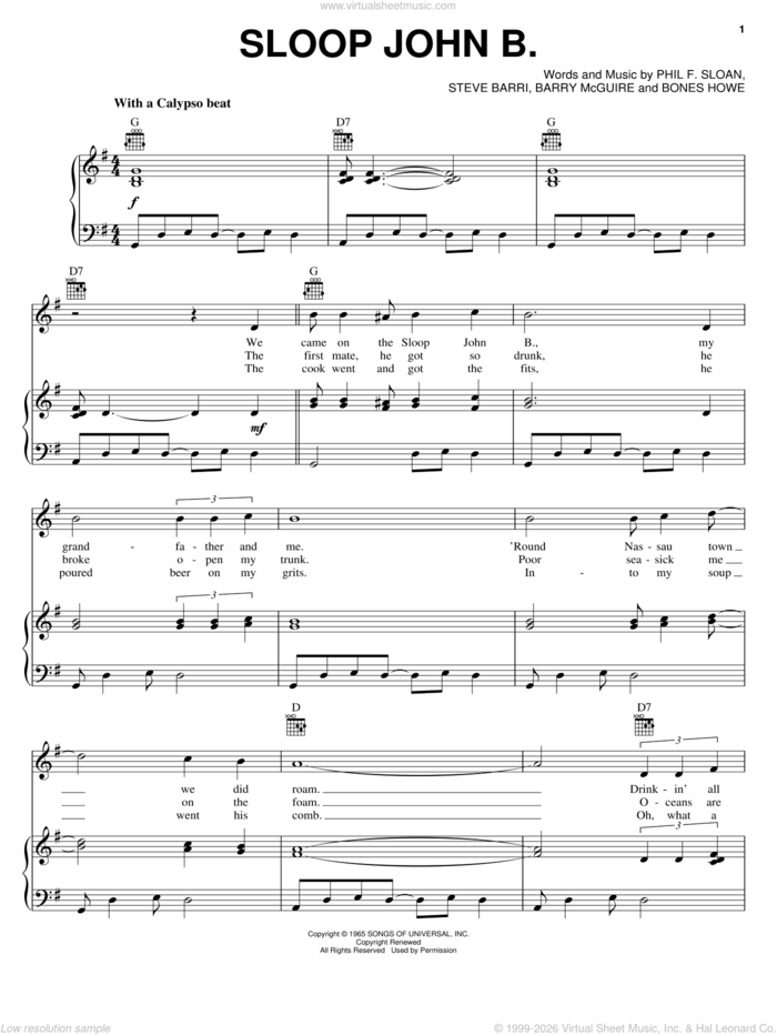 Sloop John B. sheet music for voice, piano or guitar by Barry McGuire, Bones Howe, Phil F. Sloan and Steve Barri, intermediate skill level