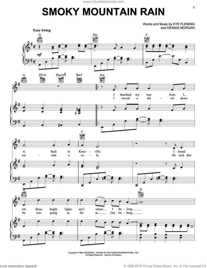 Smoky Mountain Rain sheet music for voice, piano or guitar by Ronnie Milsap, Dennis Morgan and Kye Fleming, intermediate skill level