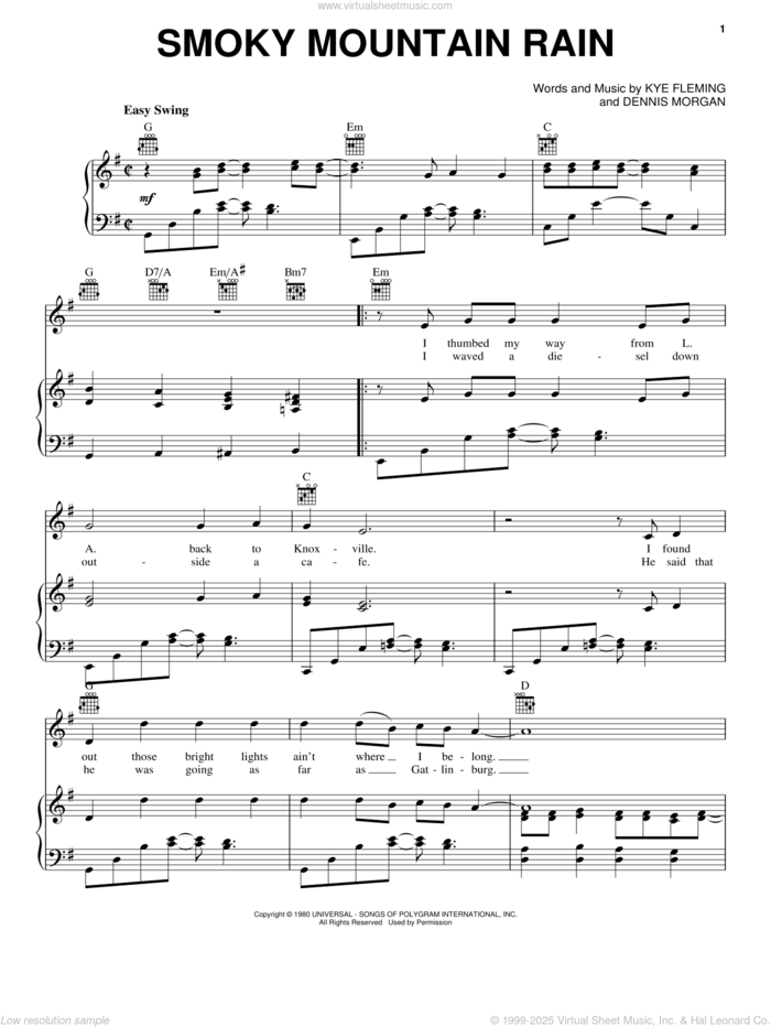 Smoky Mountain Rain sheet music for voice, piano or guitar by Ronnie Milsap, Dennis Morgan and Kye Fleming, intermediate skill level