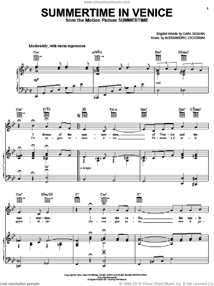 Summertime In Venice sheet music for voice, piano or guitar by Jerry Vale, Carl Sigman and Icini, intermediate skill level
