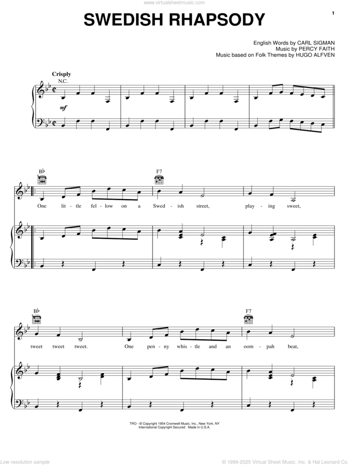 Swedish Rhapsody sheet music for voice, piano or guitar by Chet Atkins, Carl Sigman and Percy Faith, intermediate skill level