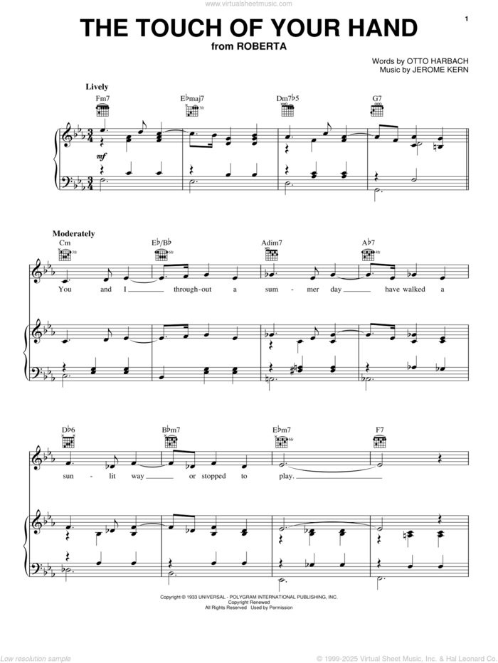 The Touch Of Your Hand sheet music for voice, piano or guitar by Kitty Carlisle, Jerome Kern and Otto Harbach, intermediate skill level