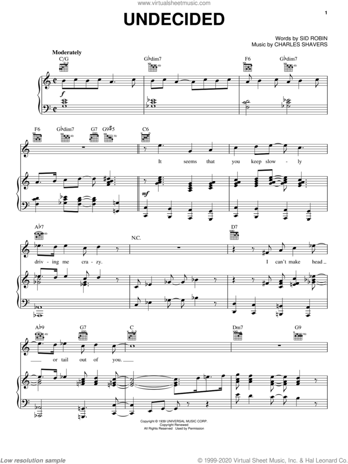 Undecided sheet music for voice, piano or guitar by Ella Fitzgerald, Chick Webb, Erroll Garner, Louis Armstrong, Charles Shavers and Sid Robin, intermediate skill level