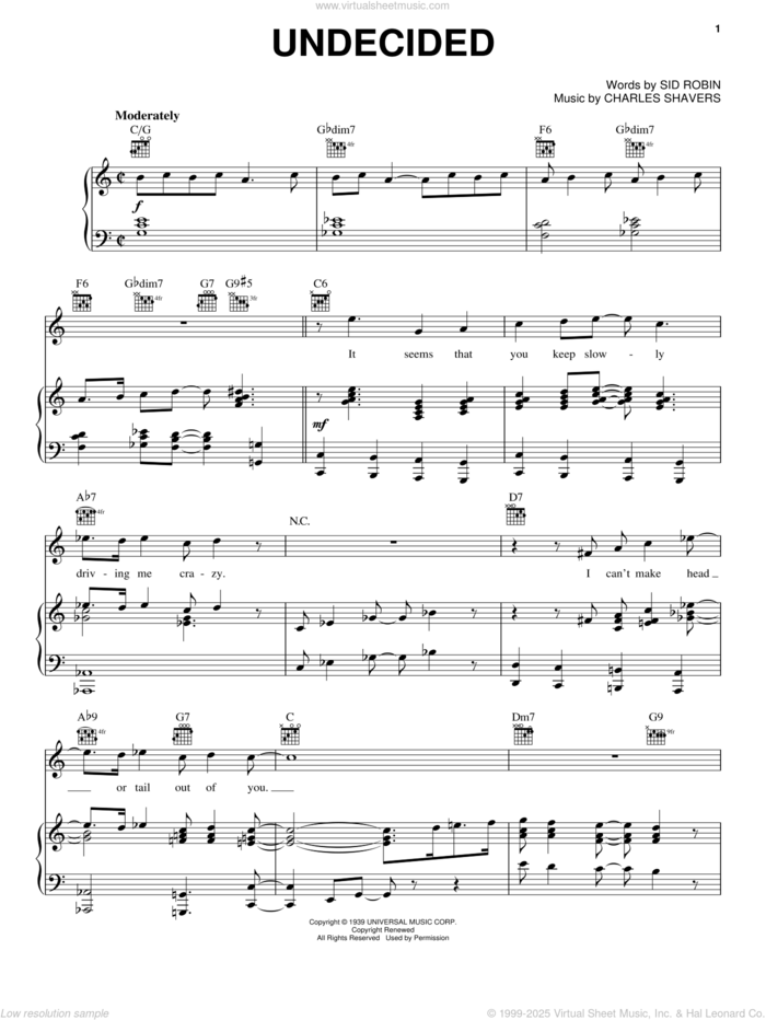 Undecided sheet music for voice, piano or guitar by Ella Fitzgerald, Chick Webb, Erroll Garner, Louis Armstrong, Charles Shavers and Sid Robin, intermediate skill level