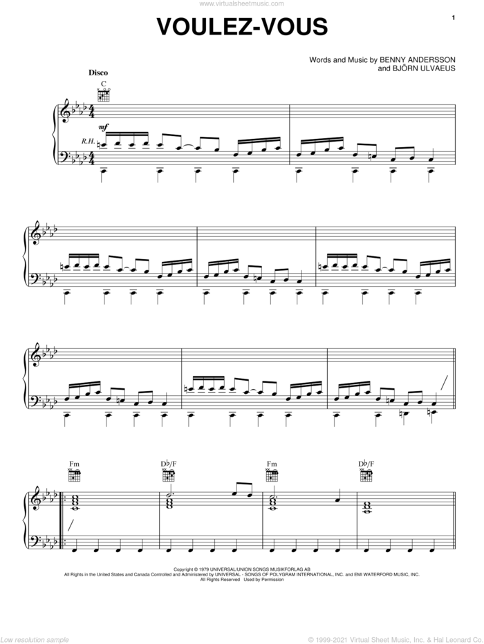 Voulez Vous sheet music for voice, piano or guitar by ABBA, Mamma Mia! (Movie), Mamma Mia! (Musical), Benny Andersson and Bjorn Ulvaeus, intermediate skill level