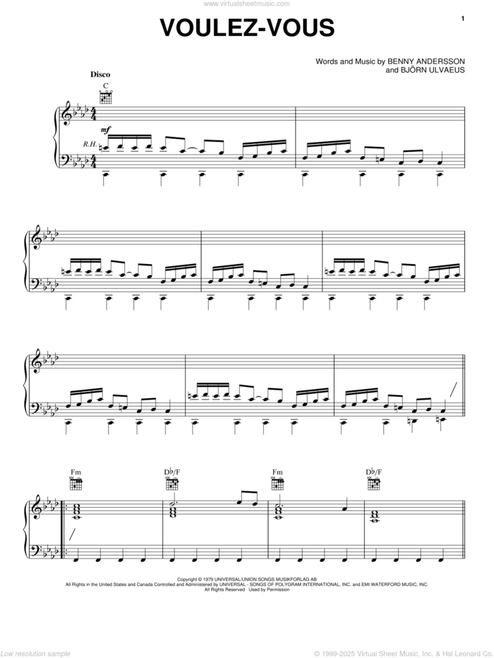 Voulez Vous sheet music for voice, piano or guitar by ABBA, Mamma Mia! (Movie), Mamma Mia! (Musical), Benny Andersson and Bjorn Ulvaeus, intermediate skill level