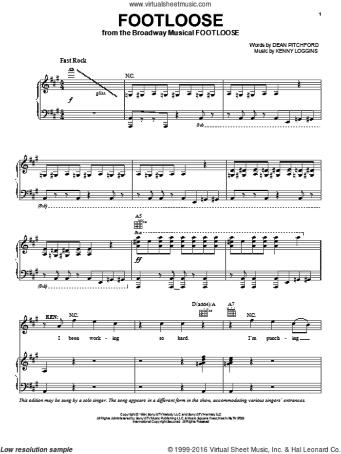 Footloose sheet music for voice, piano or guitar by Kenny Loggins, Footloose (Movie) and Dean Pitchford, intermediate skill level