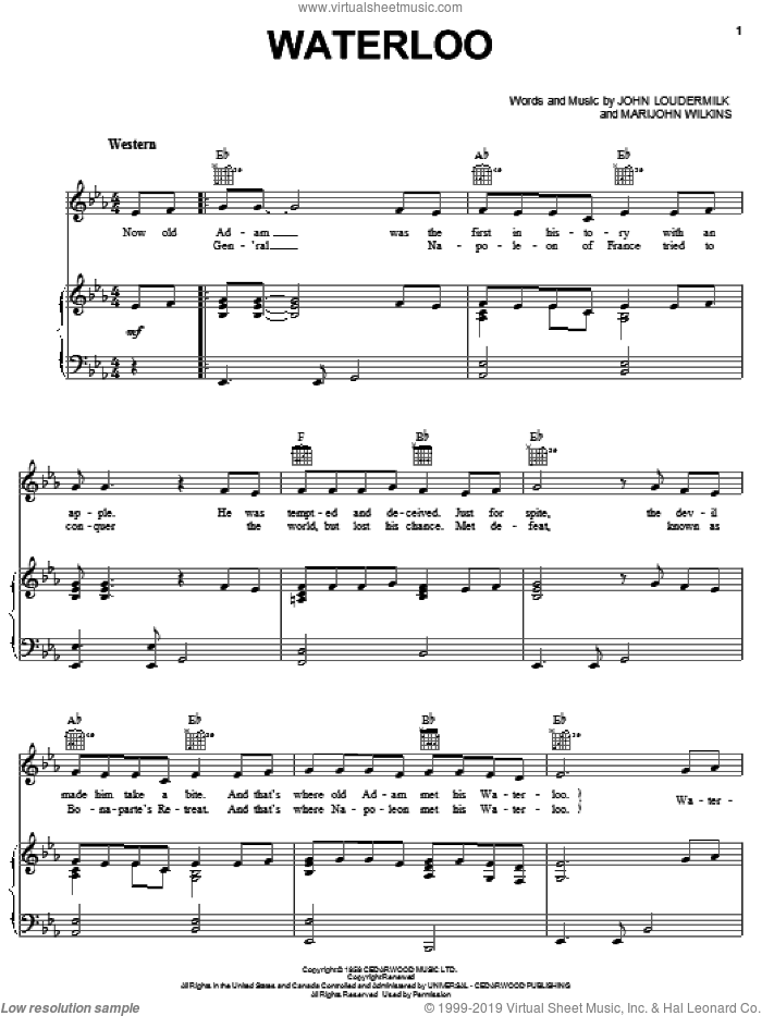 Waterloo sheet music for voice, piano or guitar by Stonewall Jackson, John Loudermilk and Marijohn Wilkin, intermediate skill level