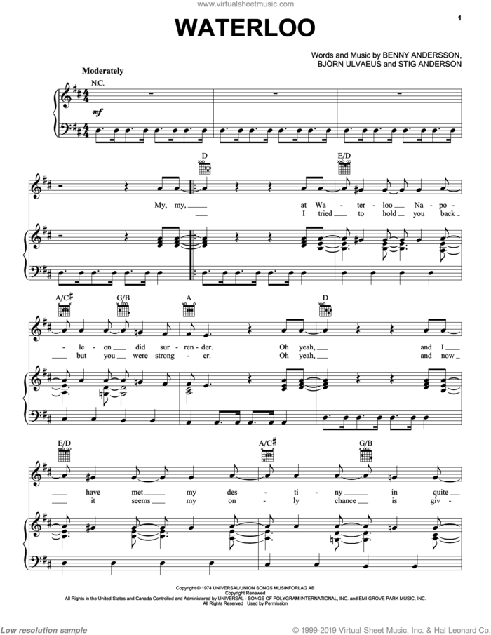 Waterloo sheet music for voice, piano or guitar by ABBA, Benny Andersson, Bjorn Ulvaeus and Stig Anderson, intermediate skill level
