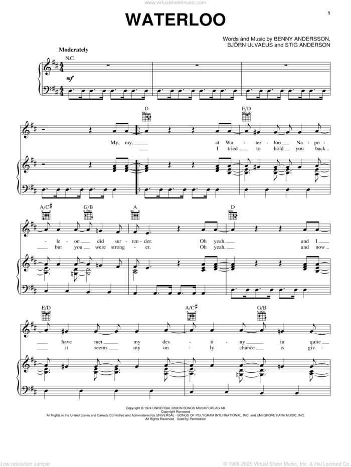 Waterloo sheet music for voice, piano or guitar by ABBA, Benny Andersson, Bjorn Ulvaeus and Stig Anderson, intermediate skill level