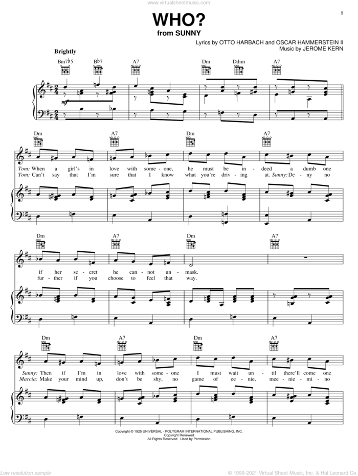 Who? sheet music for voice, piano or guitar by Benny Goodman, Judy Garland, Stephanie Baker, Jerome Kern, Oscar II Hammerstein and Otto Harbach, intermediate skill level