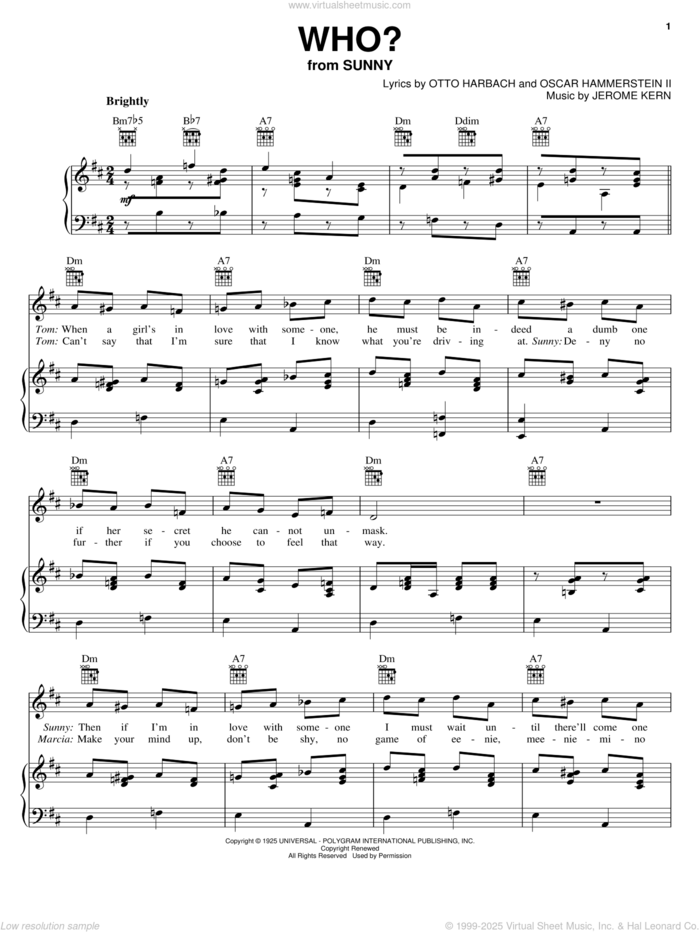 Who? sheet music for voice, piano or guitar by Benny Goodman, Judy Garland, Stephanie Baker, Jerome Kern, Oscar II Hammerstein and Otto Harbach, intermediate skill level