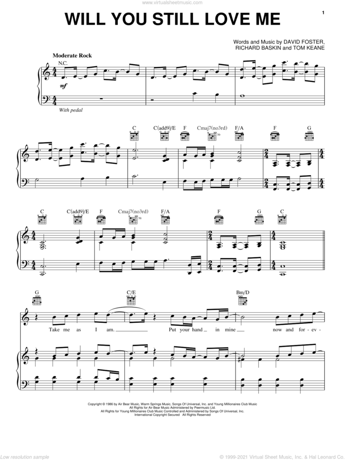 Will You Still Love Me sheet music for voice, piano or guitar by Chicago, David Foster, Richard Baskin and Tom Keane, intermediate skill level