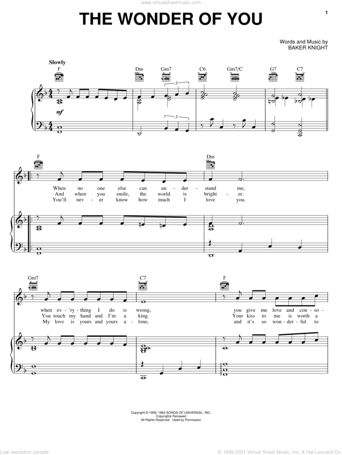 The Wonder Of You sheet music for voice, piano or guitar by Elvis Presley, The Platters and Baker Knight, intermediate skill level