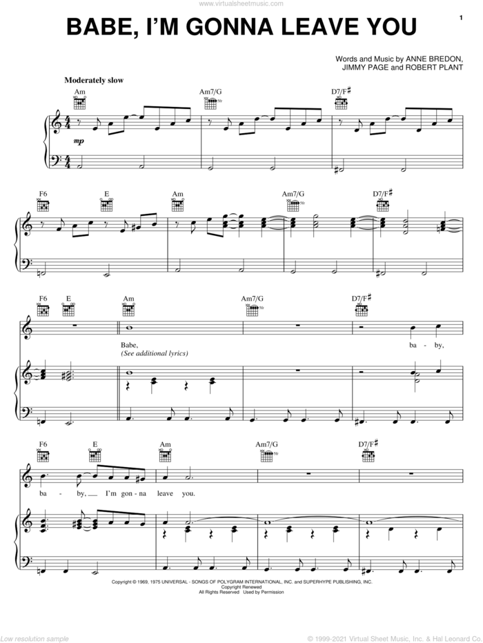 Babe, I'm Gonna Leave You sheet music for voice, piano or guitar by Led Zeppelin, Great White, Anne Bredon, Jimmy Page and Robert Plant, intermediate skill level