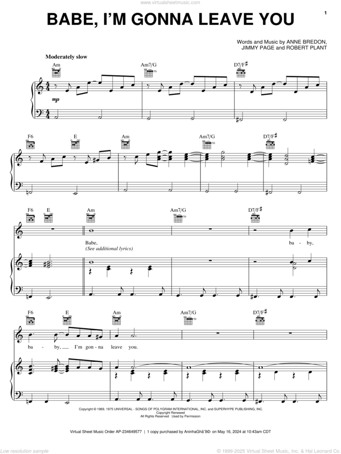 Babe, I'm Gonna Leave You sheet music for voice, piano or guitar by Led Zeppelin, Great White, Anne Bredon, Jimmy Page and Robert Plant, intermediate skill level