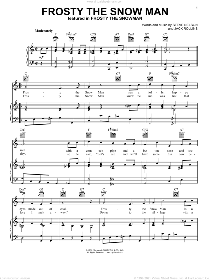 Frosty The Snow Man sheet music for voice, piano or guitar by The Beach Boys, Gene Autry, Jack Rollins and Steve Nelson, intermediate skill level