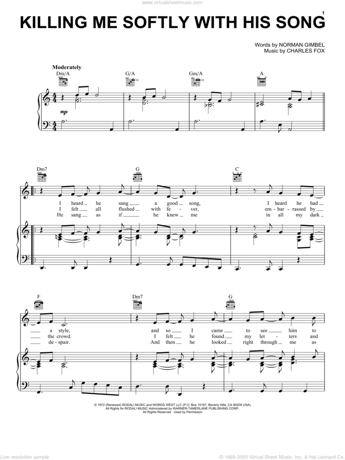 Killing Me Softly With His Song sheet music for voice, piano or guitar by Roberta Flack, The Fugees, Charles Fox and Norman Gimbel, intermediate skill level