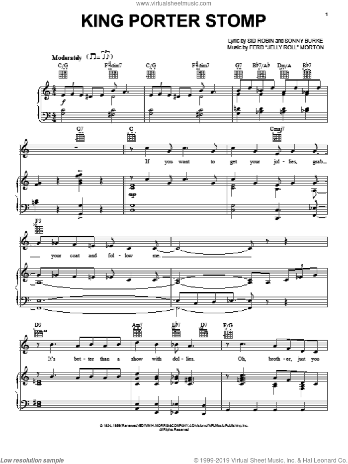 King Porter Stomp sheet music for voice, piano or guitar by Jelly Roll Morton, Sid Robin and Sonny Burke, intermediate skill level