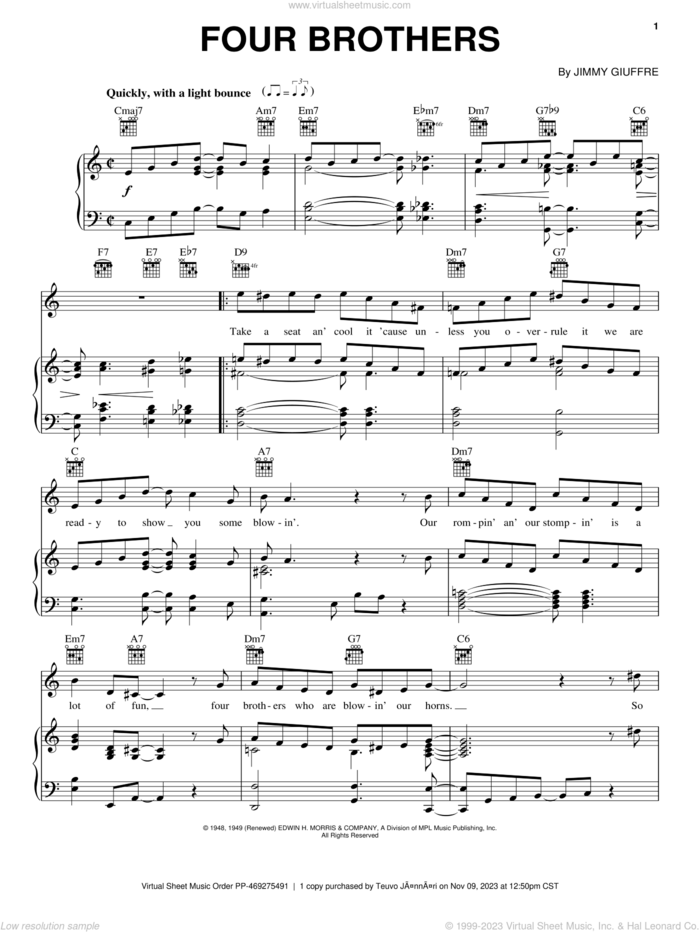 Four Brothers sheet music for voice, piano or guitar by Jimmy Giuffre, intermediate skill level