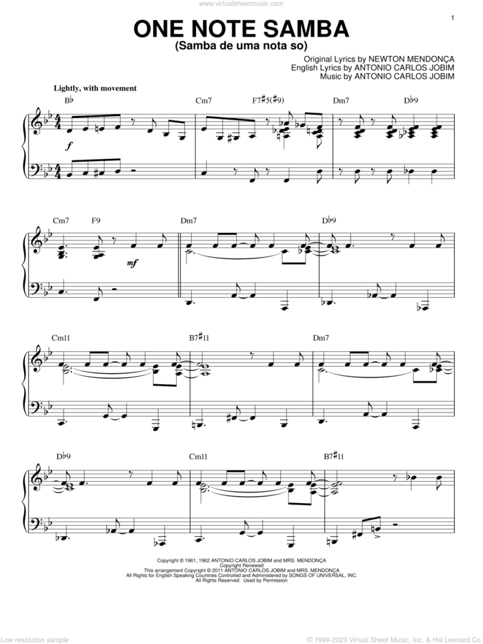 One Note Samba (Samba De Uma Nota So) [Jazz version] (arr. Brent Edstrom) sheet music for piano solo by Antonio Carlos Jobim, Pat Thomas and Newton Mendonca, intermediate skill level